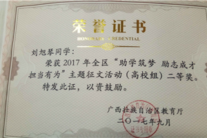 喜报：人文学院16级研究生荣获2017年全区“助学筑梦 励志成才 担当有为”主题征文活动（高校组）二等奖